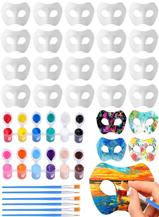 Tisancy 24 Pack White Paper Mask Half Face Masquerade Mask DIY with 12 Colors Acrylic Paint and Brushes Paper for Mardi Gras(Acrylic Paint) - Image 1